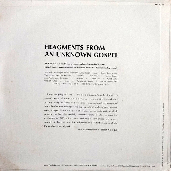 Bill Comeau, Carmel Signa : Fragments From An Unknown Gospel (LP)