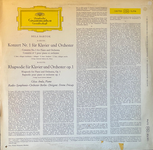 Bartok* - Geza Anda*, Ferenc Fricsay, Radio-Symphonie-Orchester Berlin : Klavierkonzert Nr. 1 Und Rhapsodie (LP)
