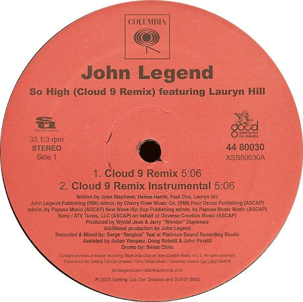 John Legend Featuring Lauryn Hill : So High (Cloud 9 Remix) (12")