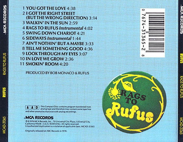 Rufus Featuring Chaka Khan : Rags To Rufus (CD, Album, RE)