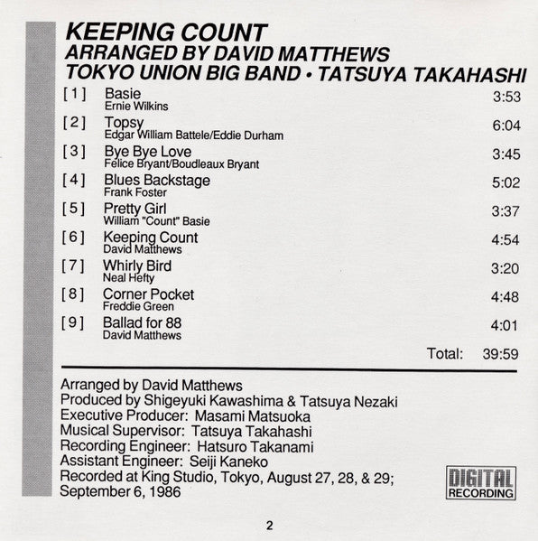 Tatsuya Takahashi & Tokyo Union Arranged By David Matthews* : Keeping Count (CD)