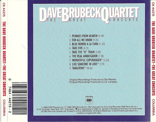 Dave Brubeck Quartet* : The Great Concerts... Amsterdam, Copenhagen, Carnegie Hall (CD, Comp, RM)