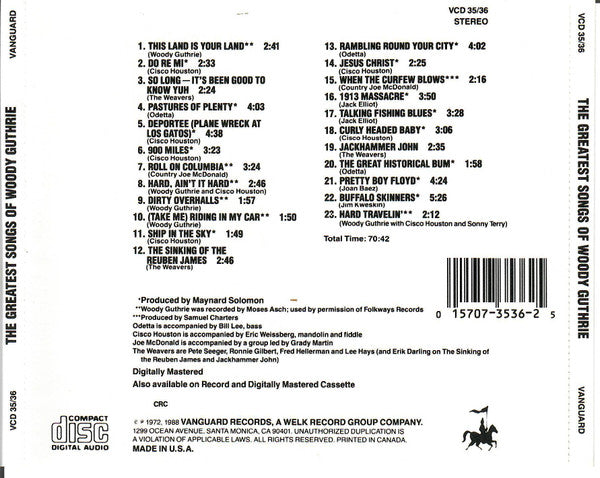 Woody Guthrie : The Greatest Songs Of Woody Guthrie (CD, Comp)