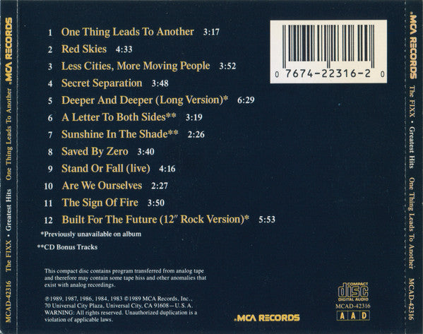 The Fixx : Greatest Hits – One Thing Leads To Another (CD, Comp, JVC)