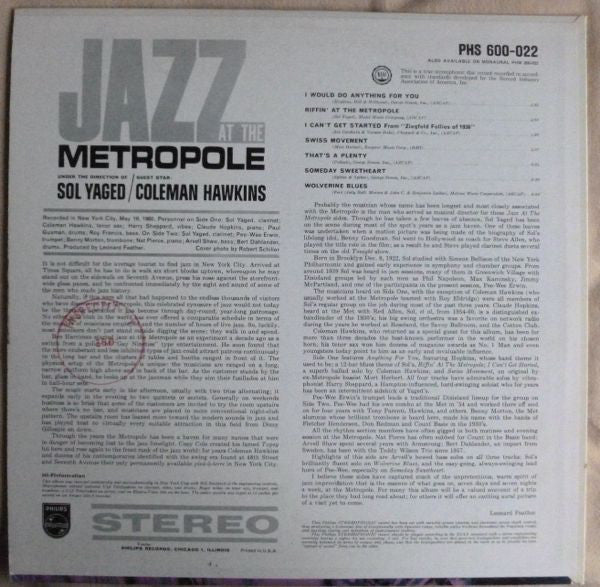 Sol Yaged / Coleman Hawkins : Jazz At The Metropole (LP, Album)