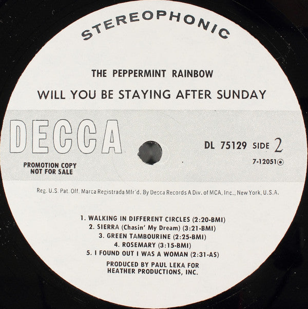 The Peppermint Rainbow : Will You Be Staying After Sunday (LP, Album, Promo)
