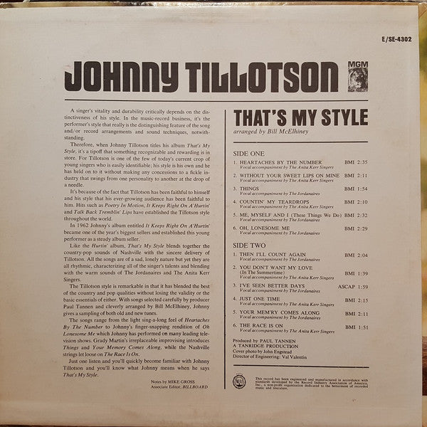 Johnny Tillotson : That's My Style (LP, Mono)