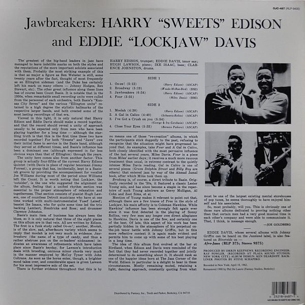 "Sweets" Edison* And "Lockjaw" Davis* : Jawbreakers (LP, Album, RE, RM)