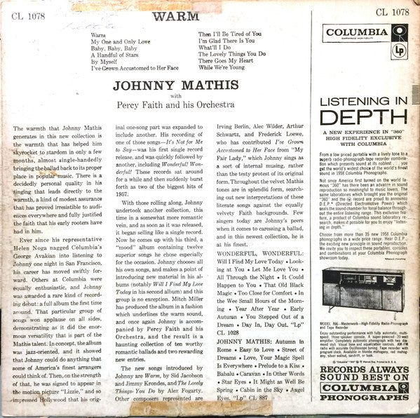 Johnny Mathis With Percy Faith And His Orchestra* : Warm (LP, Album, Mono)