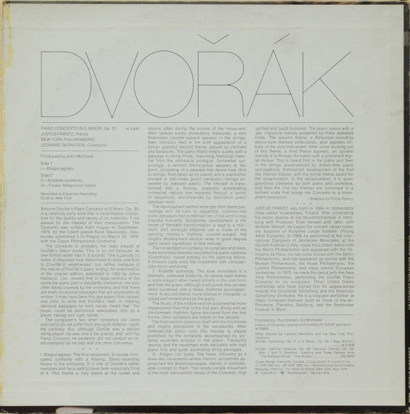 Dvořák*, Justus Frantz, Leonard Bernstein, New York Philharmonic : Piano Concerto In G Minor, Op. 33 (LP, Album)