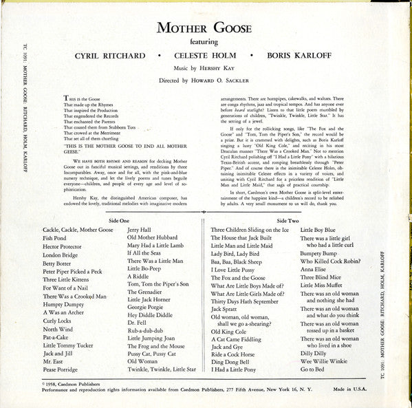 Cyril Ritchard, Celeste Holm, Boris Karloff, Howard O. Sackler*, Hershy Kay : Mother Goose (LP, Mono)