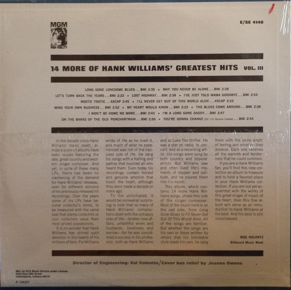 Hank Williams : 14 More Of Hank Williams' Greatest Hits Vol. III (LP, Comp, Club)
