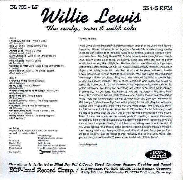 Willie Lewis (5) : The Early, Rare & Wild Side (LP, whi)