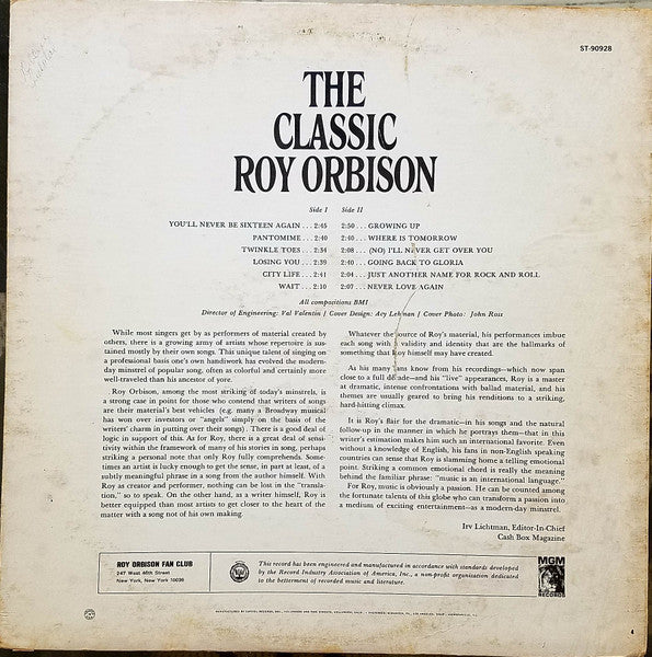 Roy Orbison : The Classic Roy Orbison (LP, Album, Club, Jac)