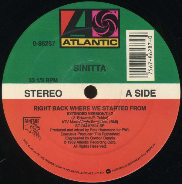 Sinitta : Right Back Where We Started From (12", SP )