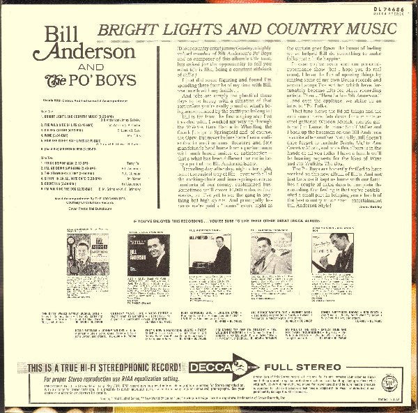 Bill Anderson (2) And The Po' Boys* : Bright Lights And Country Music (LP, Album)