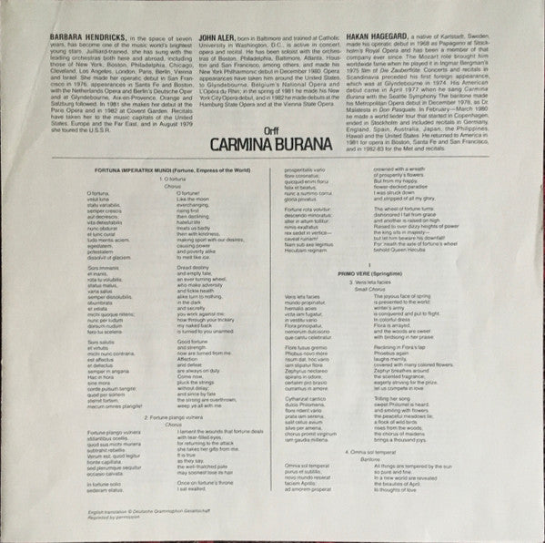 Orff*, Barbara Hendricks, John Aler, Håkan Hagegård, London Symphony Orchestra, London Symphony Chorus, Eduardo Mata : Carmina Burana (LP, Album, RE, Dig)