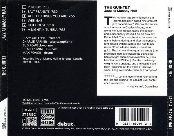 The Quintet : Jazz At Massey Hall (CD, Album, RE)