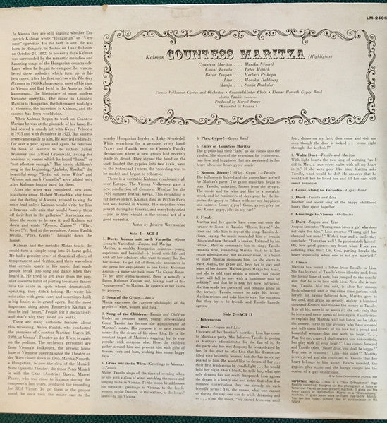 Kalman*, Vienna Volksoper* / Anton Paulik : Countess Maritza (LP, Mono)