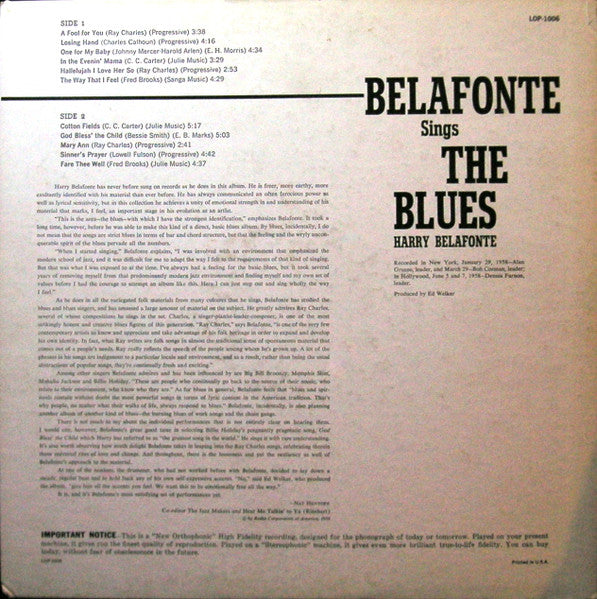 Harry Belafonte : Belafonte Sings The Blues (LP, Album, Mono, Roc)