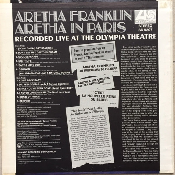 Aretha Franklin : Aretha In Paris (LP, Album, RCA)