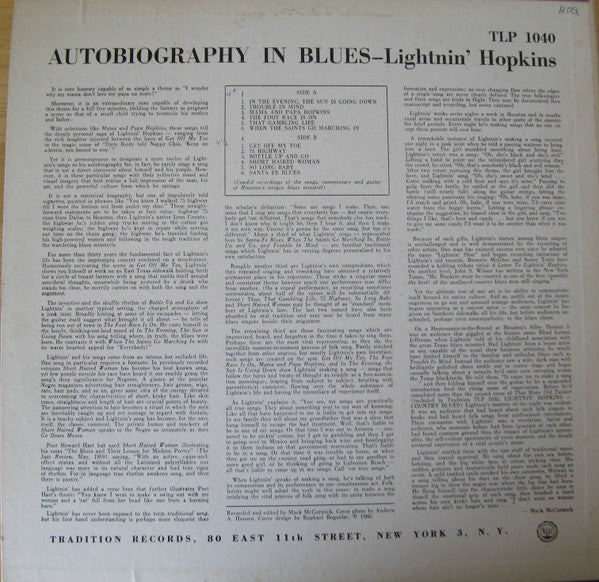 Lightnin' Hopkins : Autobiography In Blues (LP, Album, RP)