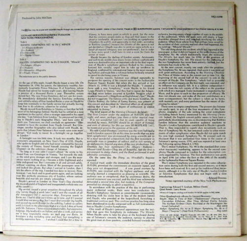 Bernstein* conducts Haydn*, New York Philharmonic : Bernstein Conducts Haydn Symphony No. 95 In C Minor, Symphony No. 96 In D Major, "Miracle" (LP, Album, Quad)
