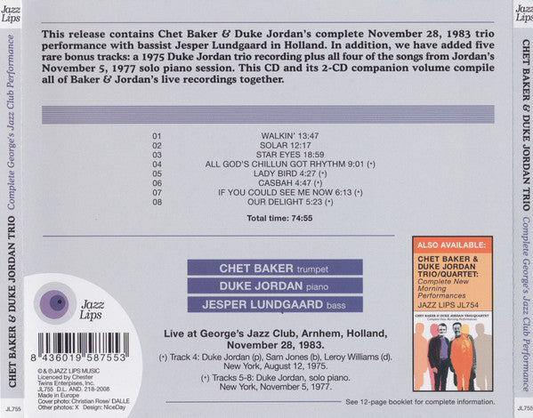 Chet Baker & Duke Jordan Trio : Complete George's Jazz Club Performance (CD, Comp)