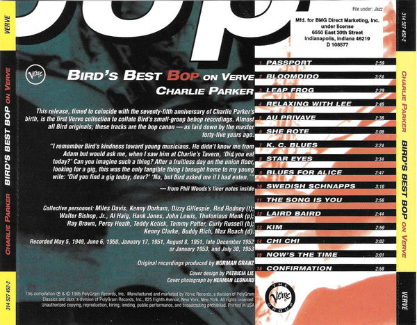 Charlie Parker : Bird's Best Bop On Verve (CD, Comp, Club)