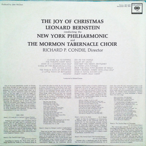 Leonard Bernstein Conducting The New York Philharmonic And The Mormon Tabernacle Choir* : Richard P. Condie : The Joy Of Christmas (LP, Album, San)