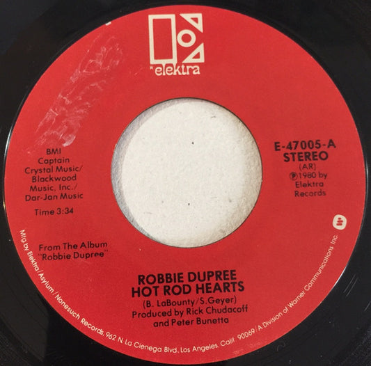 Robbie Dupree : Hot Rod Hearts (7", Single, AR )