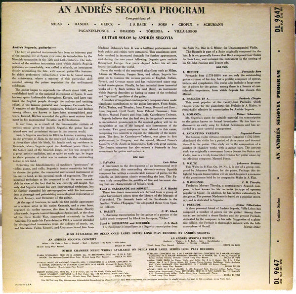 Andrés Segovia : An Andrés Segovia Program (LP, Album, Mono)