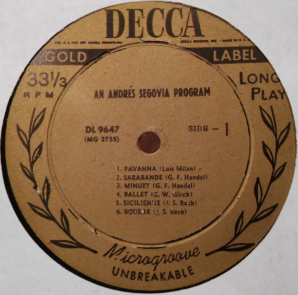Andrés Segovia : An Andrés Segovia Program (LP, Album, Mono)