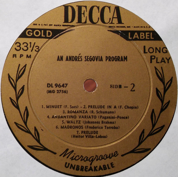 Andrés Segovia : An Andrés Segovia Program (LP, Album, Mono)