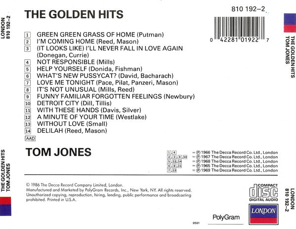 Tom Jones : The Golden Hits (CD, Comp, RE)