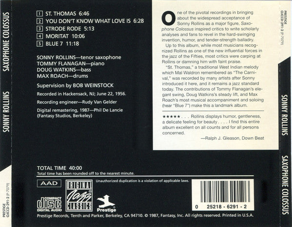 Sonny Rollins : Saxophone Colossus (CD, Album, RE, RM)