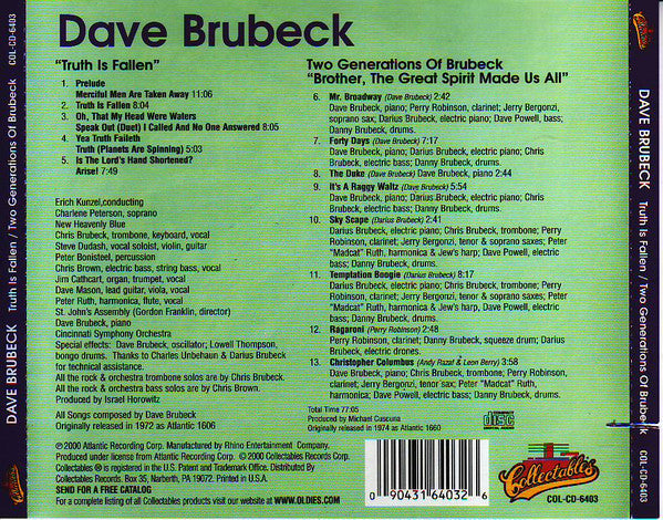 Dave Brubeck : Truth Is Fallen/Two Generations of Brubeck "Brother, The Great Spirit Made Us All" (CD, Comp)