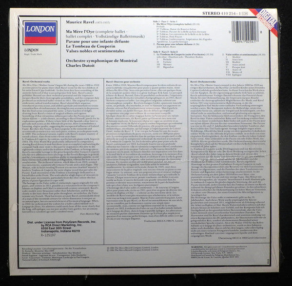 Ravel*, Orchestre Symphonique De Montréal, Charles Dutoit : Ma Mère l'Oye / Pavane Pour Une Infante Défunte / Le Tombeau De Couperin / Valses Nobles Et Sentimentales (LP, Club, RCA)