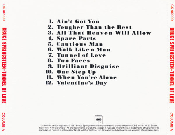 Bruce Springsteen : Tunnel Of Love (CD, Album, RP, Pit)