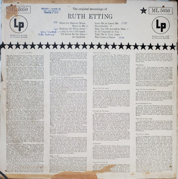 Ruth Etting : The Original Recordings Of Ruth Etting (LP, Comp, Mono, Six)