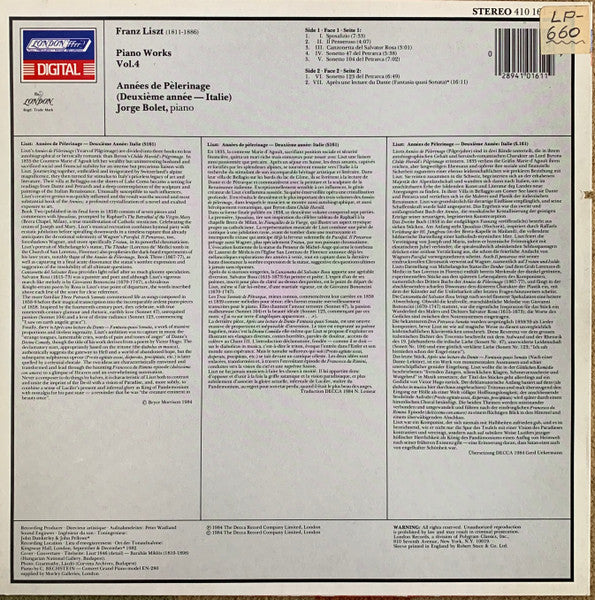 Liszt*, Jorge Bolet : Années De Pèlerinage ~ Italie (LP, Dig)