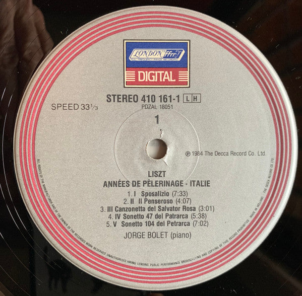 Liszt*, Jorge Bolet : Années De Pèlerinage ~ Italie (LP, Dig)