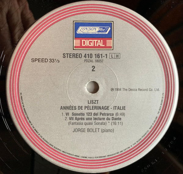 Liszt*, Jorge Bolet : Années De Pèlerinage ~ Italie (LP, Dig)