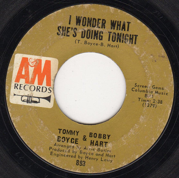 Tommy Boyce & Bobby Hart* : I Wonder What She's Doing Tonight (7", Single, Ter)