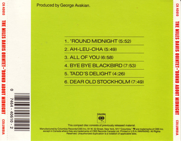 Miles Davis : 'Round About Midnight (CD, Album, RE, RM)