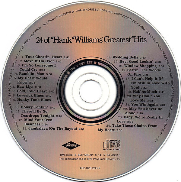 Hank Williams : 24 Of Hank Williams' Greatest Hits (CD, Comp, RE)