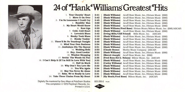 Hank Williams : 24 Of Hank Williams' Greatest Hits (CD, Comp, RE)