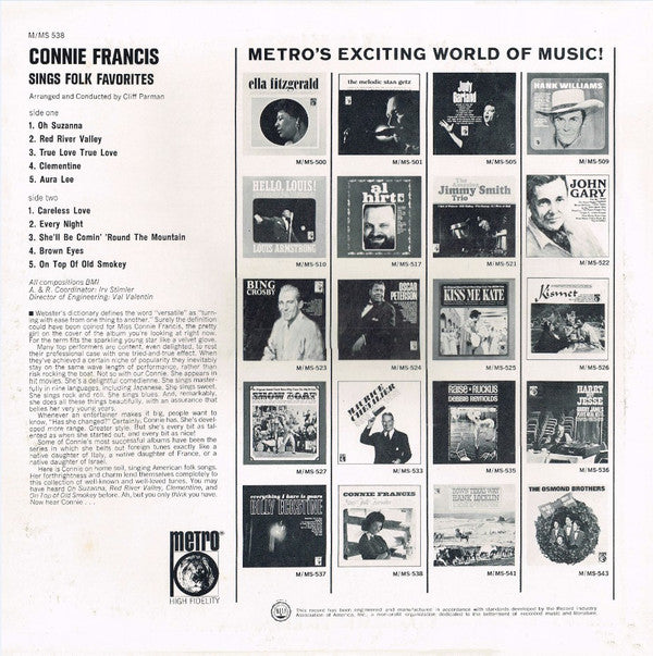 Connie Francis : Sings Folk Favorites (LP, Album, Mono)