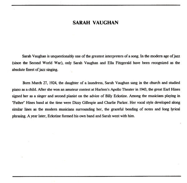 Sarah Vaughan : Sarah Vaughan (CD, Comp, Mono)