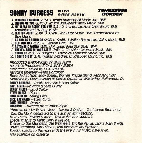 Sonny Burgess With Dave Alvin : Tennessee Border (CD, Album)